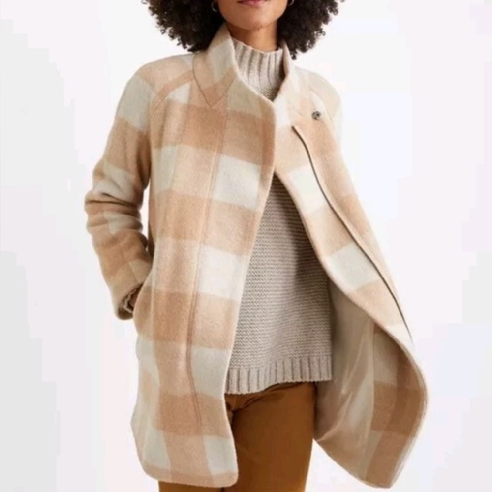 Marine Layer Beige and Cream Plaid Wool Blend Coat